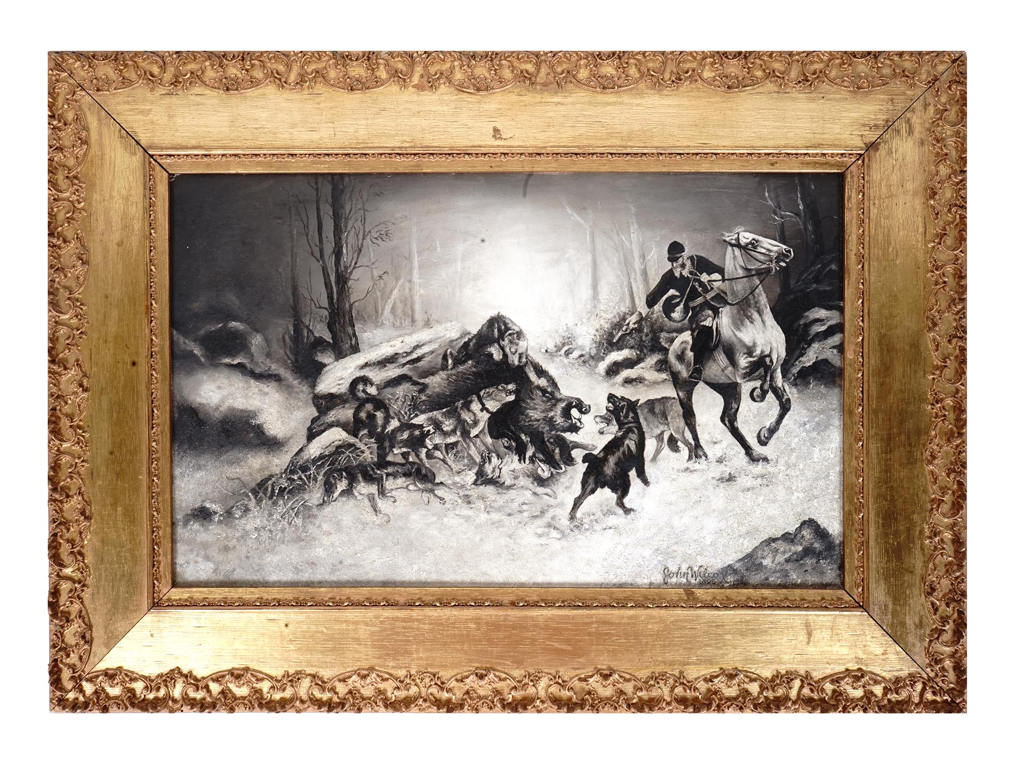 ANTIQUE WILD BOAR HUNT PAINTING BY JOHN WILCOX PIC-0